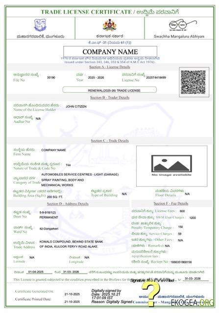 Modèle Word et PDF de certificat de licence commerciale Inde Mangaluru